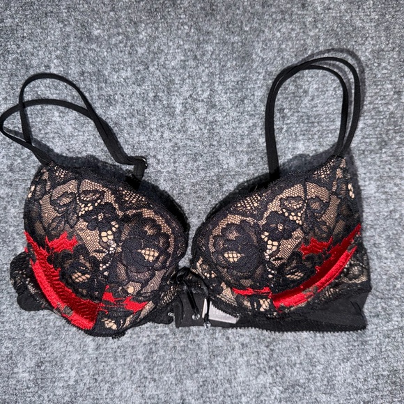 Victoria's Secret Other - Victoria's Secret Vintage Black Red Lace & Roses Mesh Padded Underwire Bra 32B